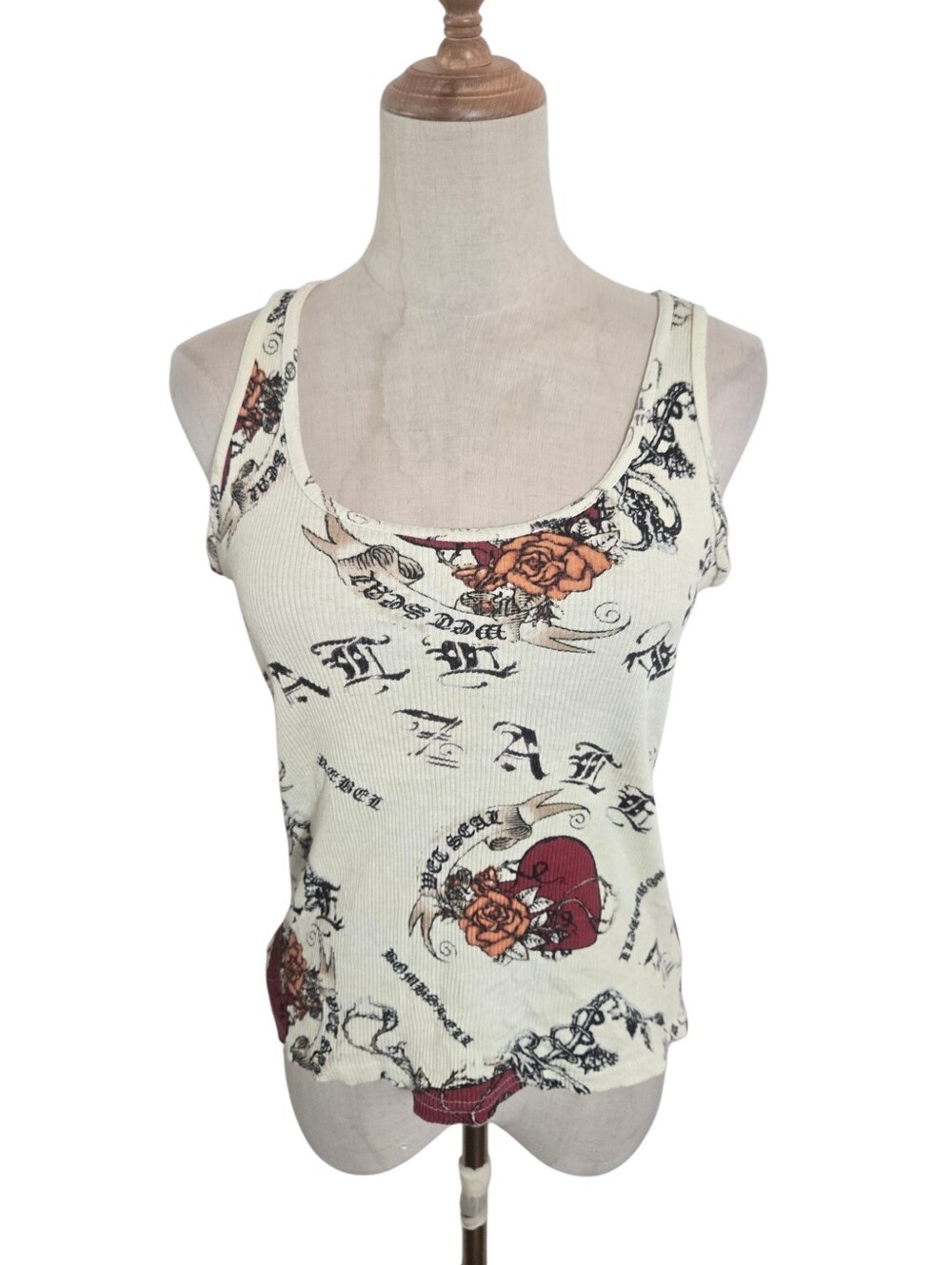 Wet Seal Vintage 90s/Y2K  Cream Ribbed Tank with Tattoo Inspired Rose Print